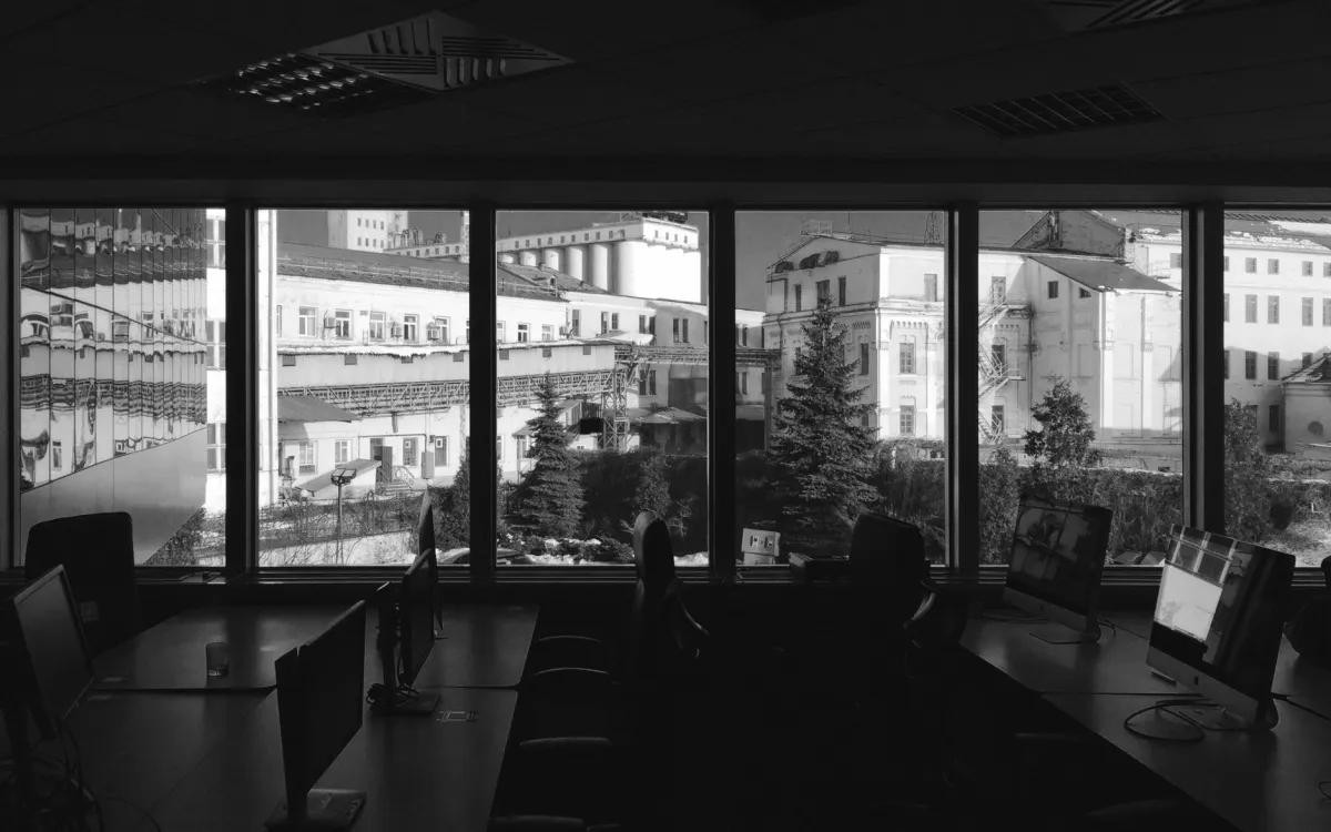 buildings, business, city, city view, commercial, company, corporate, dark, desks, dusk, enterprise, interior, large, monochrome, night, office, overlooking, professional, silhouetted, silhouettes, window, windows, workspace